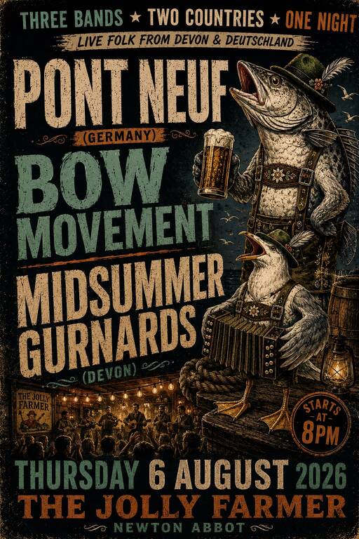 Plakat für das Konzert im Jolly Farmer am 6. August 2026 (Entwurf: Billy Riddington, Bow Movement)